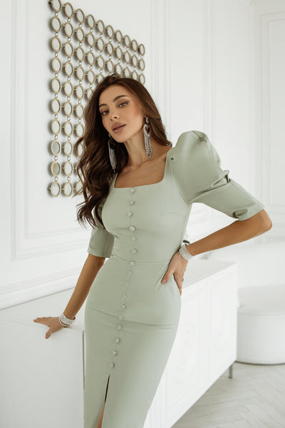 Olive Puff Sleeve Midi Dress (article C341)