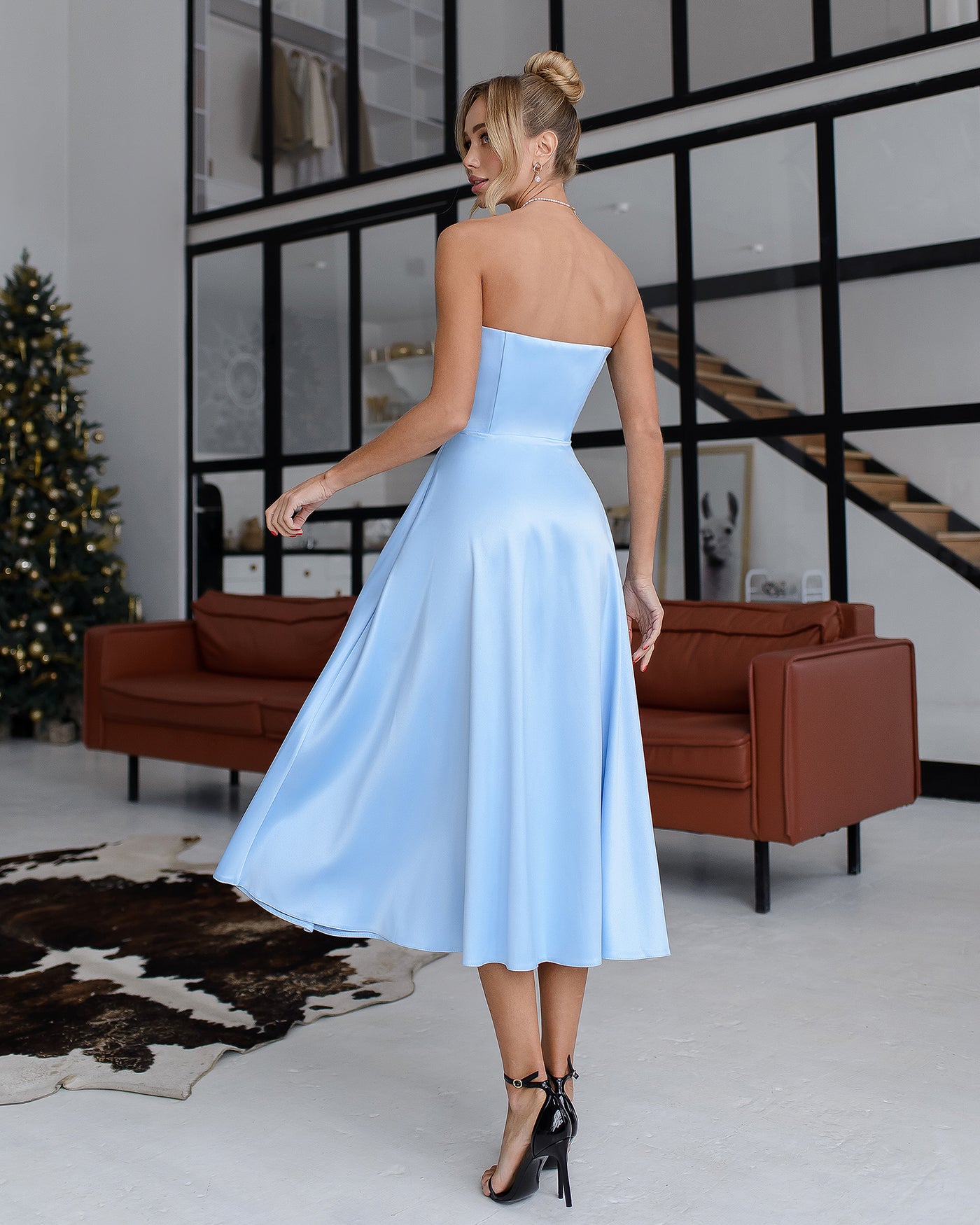 Sky-Blue Satin Corseted Strapless Dress (article 047)