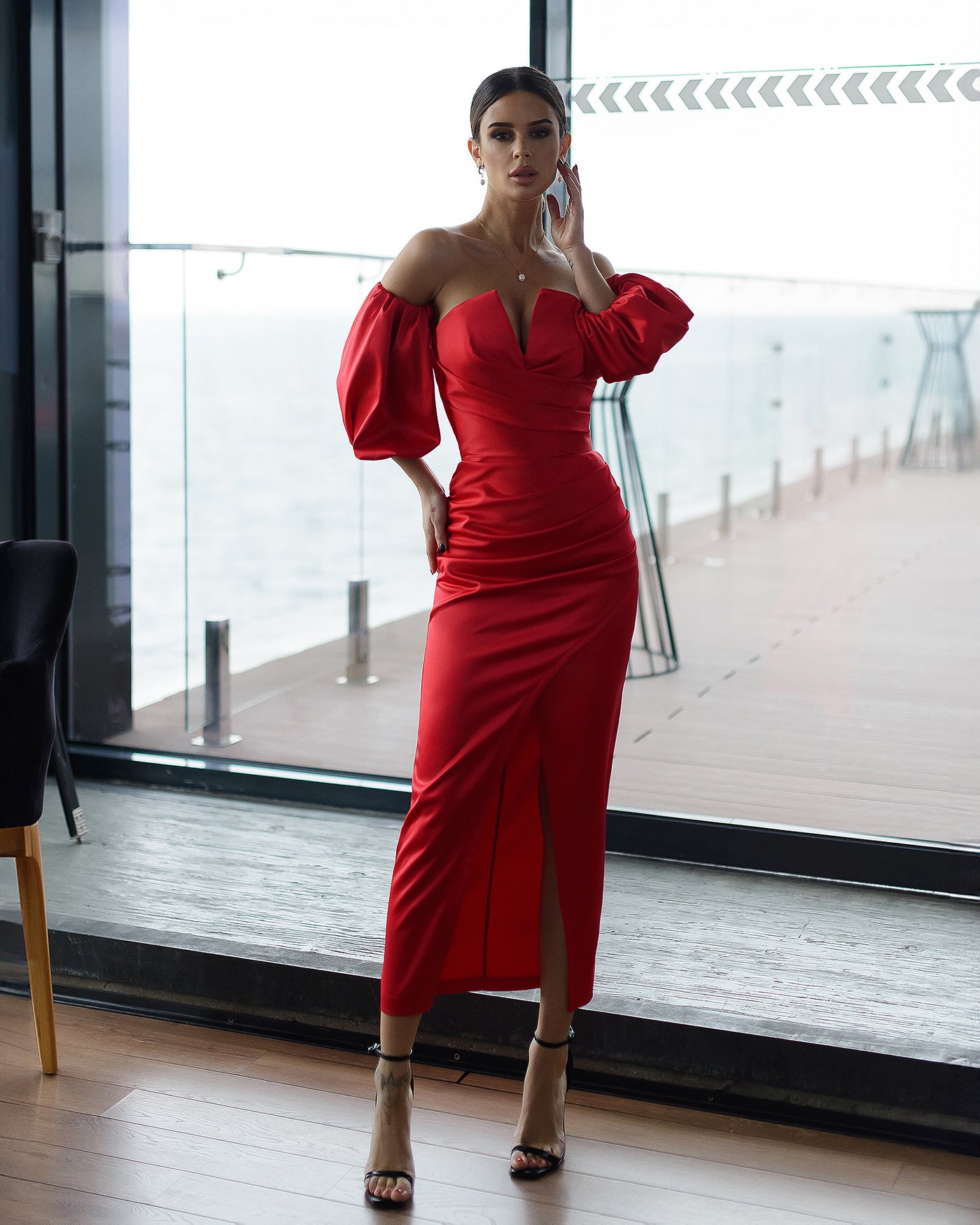 Red PUFF-SLEEVE MIDI DRESS (ARTICLE 289)