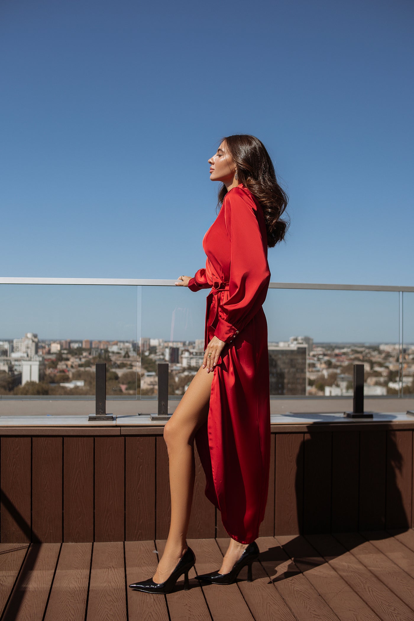 Red COLLARED WRAP MIDI DRESS (ARTICLE C405)