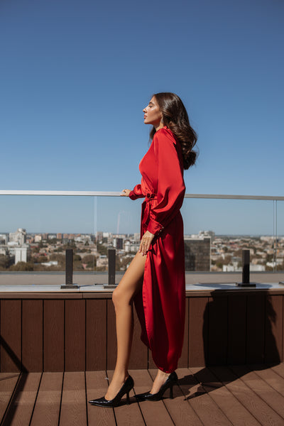 Red COLLARED WRAP MIDI DRESS (ARTICLE C405)