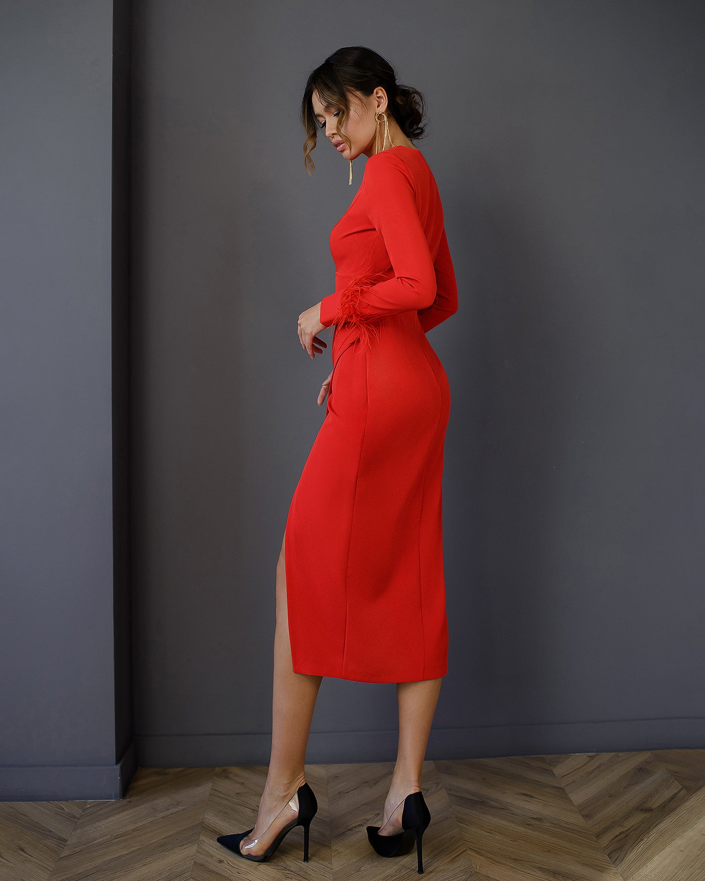 Red LONG SLEEVE MIDI DRESS (ARTICLE 374)