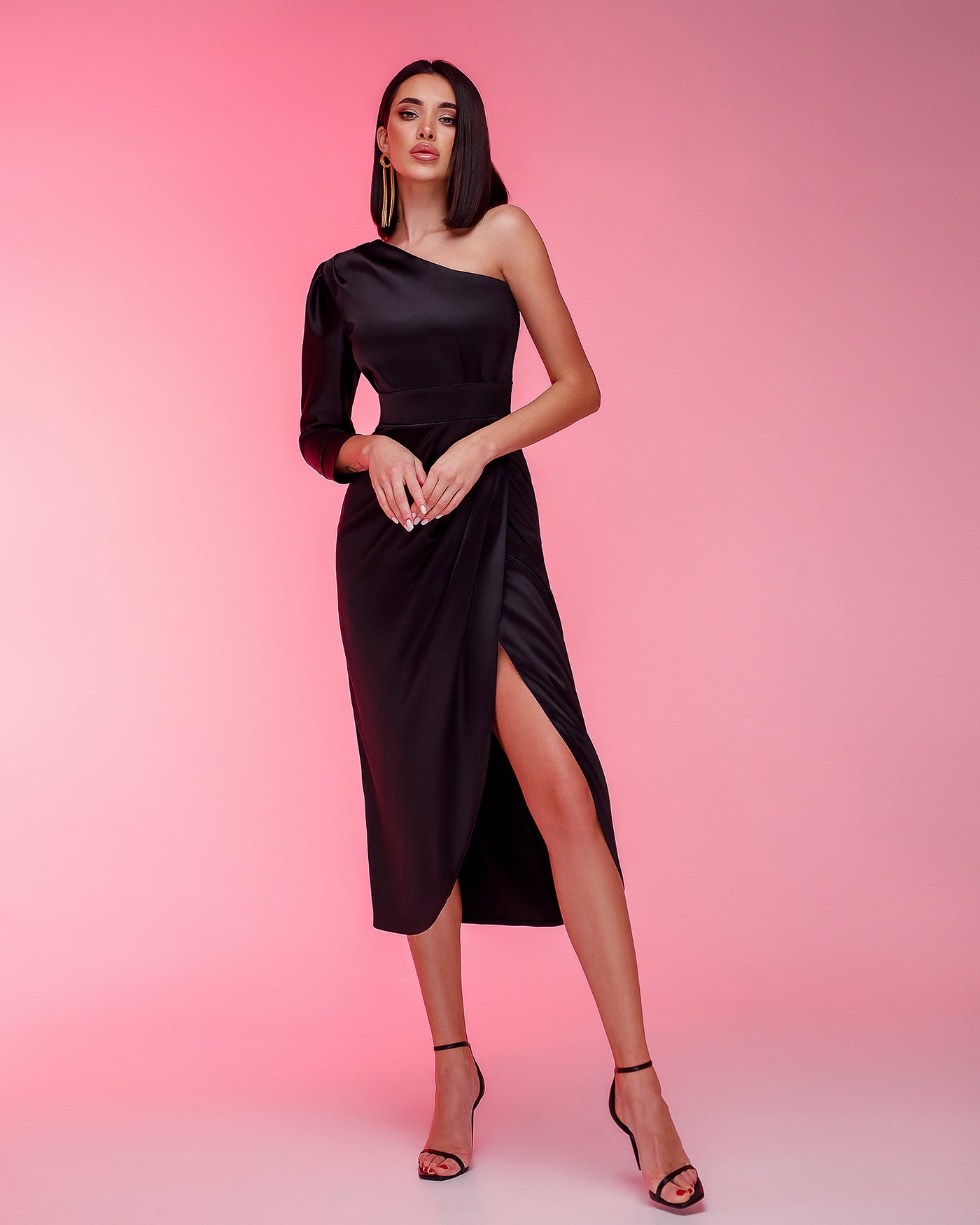 Black ONE-SHOULDER SATIN MAXI DRESS (ARTICLE 268)