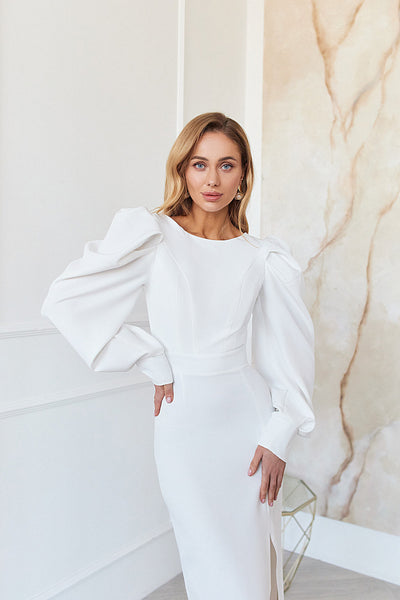 White BACKLESS PUFF SLEEVE MIDI DRESS (ARTICLE C398)