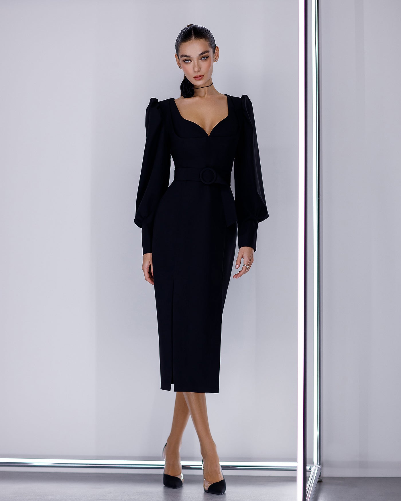 Black PUFF-SLEEVE BELTED MIDI DRESS (ARTICLE 392)