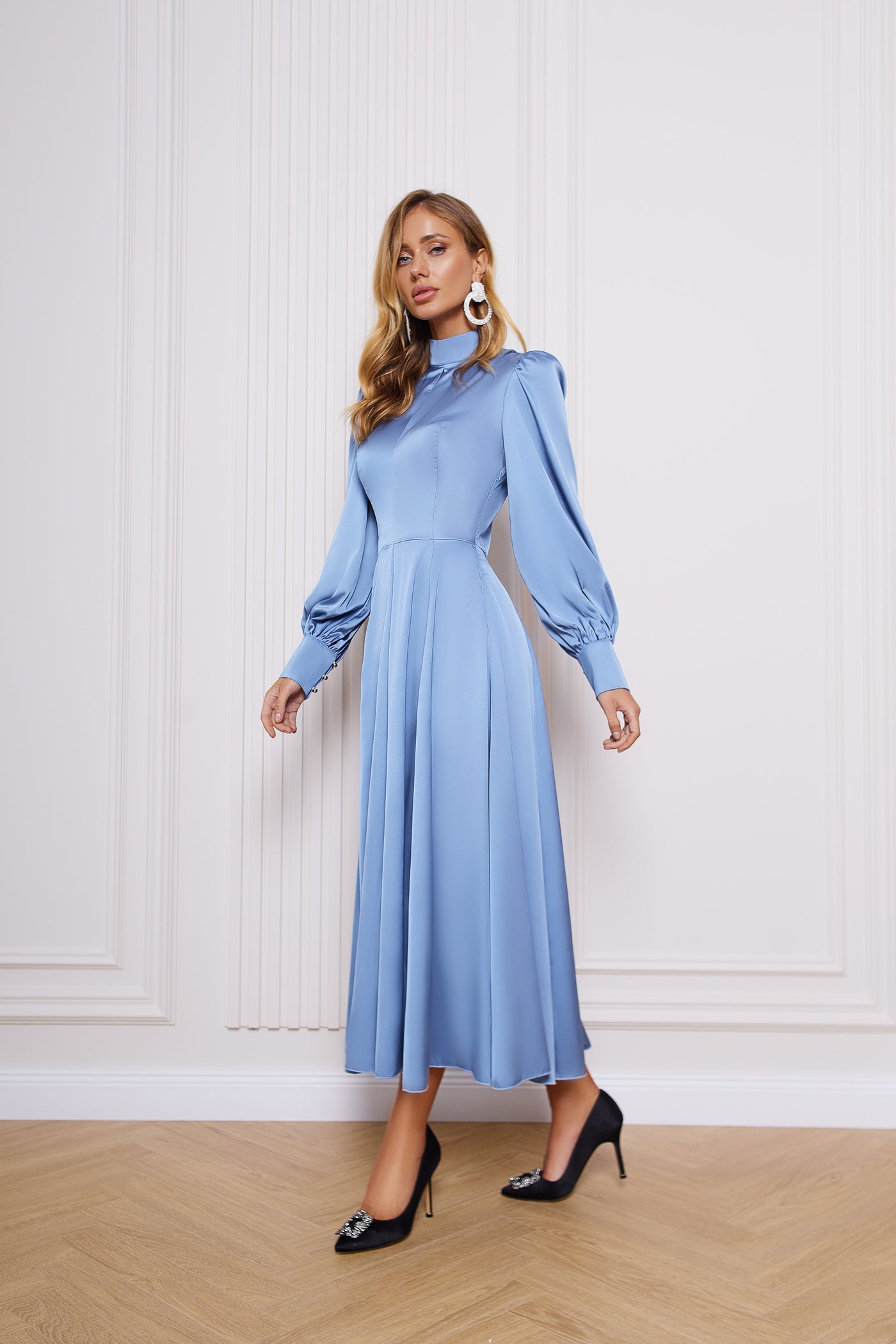 Blue SILK LONG SLEEVE MAXI DRESS (ARTICLE C323)