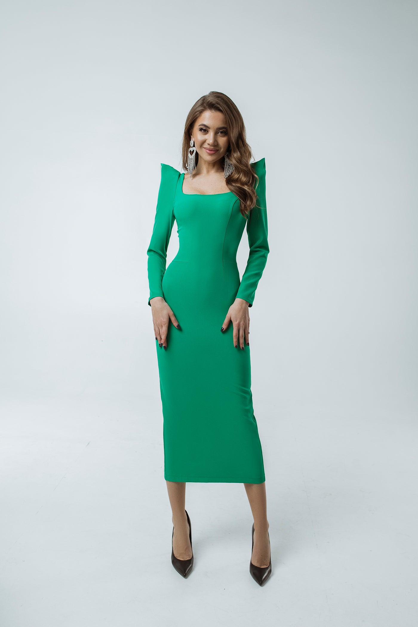 Green SQUARE NECKLINE MIDI DRESS (ARTICLE C362)