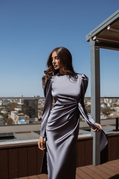 Graphite PUFF SLEEVE WRAP DRESS (ARTICLE C300)