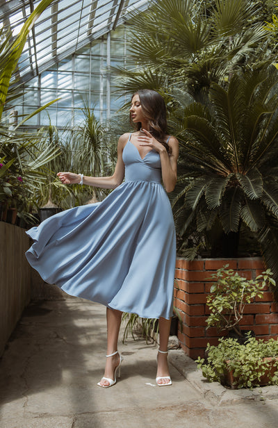 Sky-blue V-NECK SLIP MIDI DRESS (ARTICLE C284)