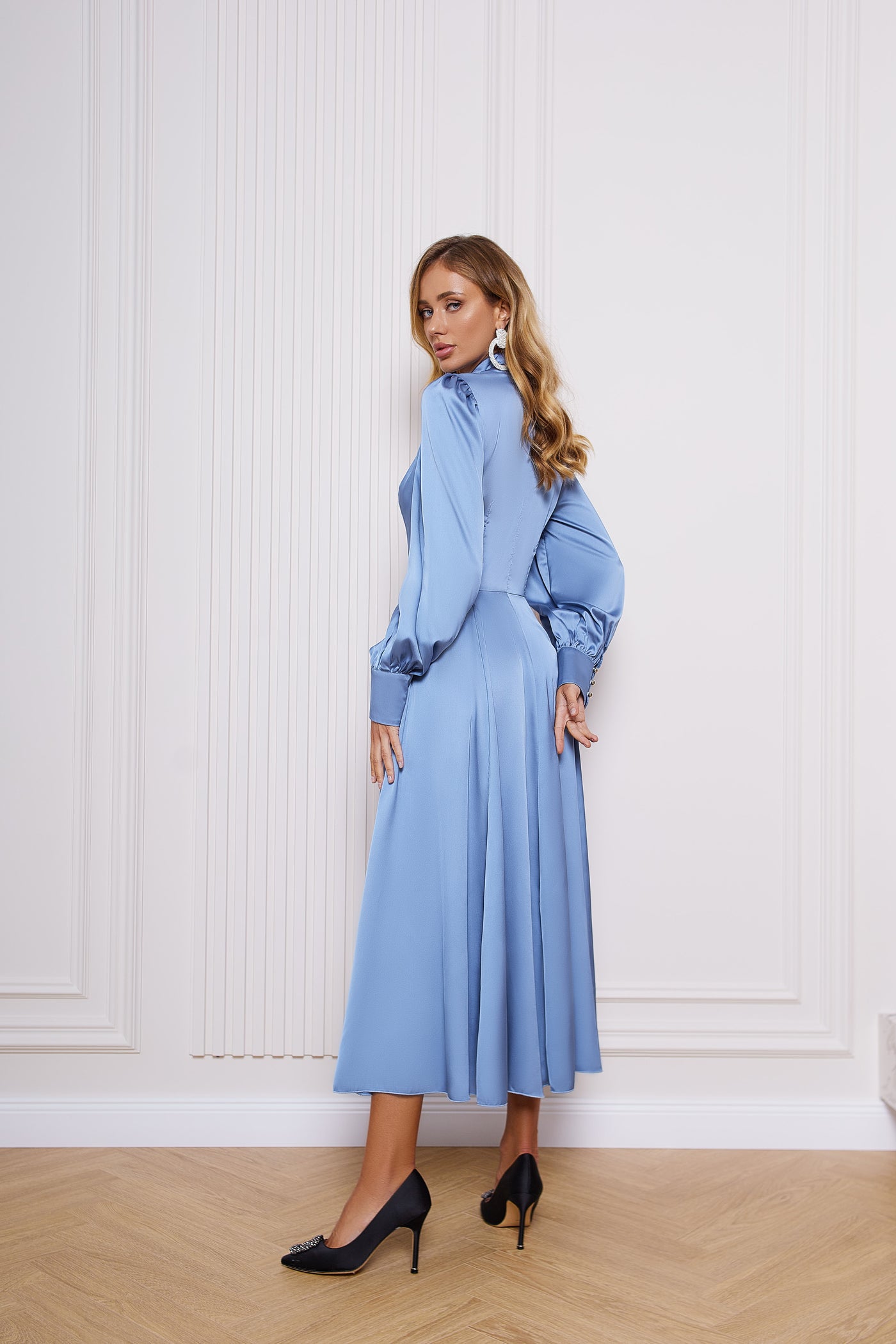 Blue SILK LONG SLEEVE MAXI DRESS (ARTICLE C323)