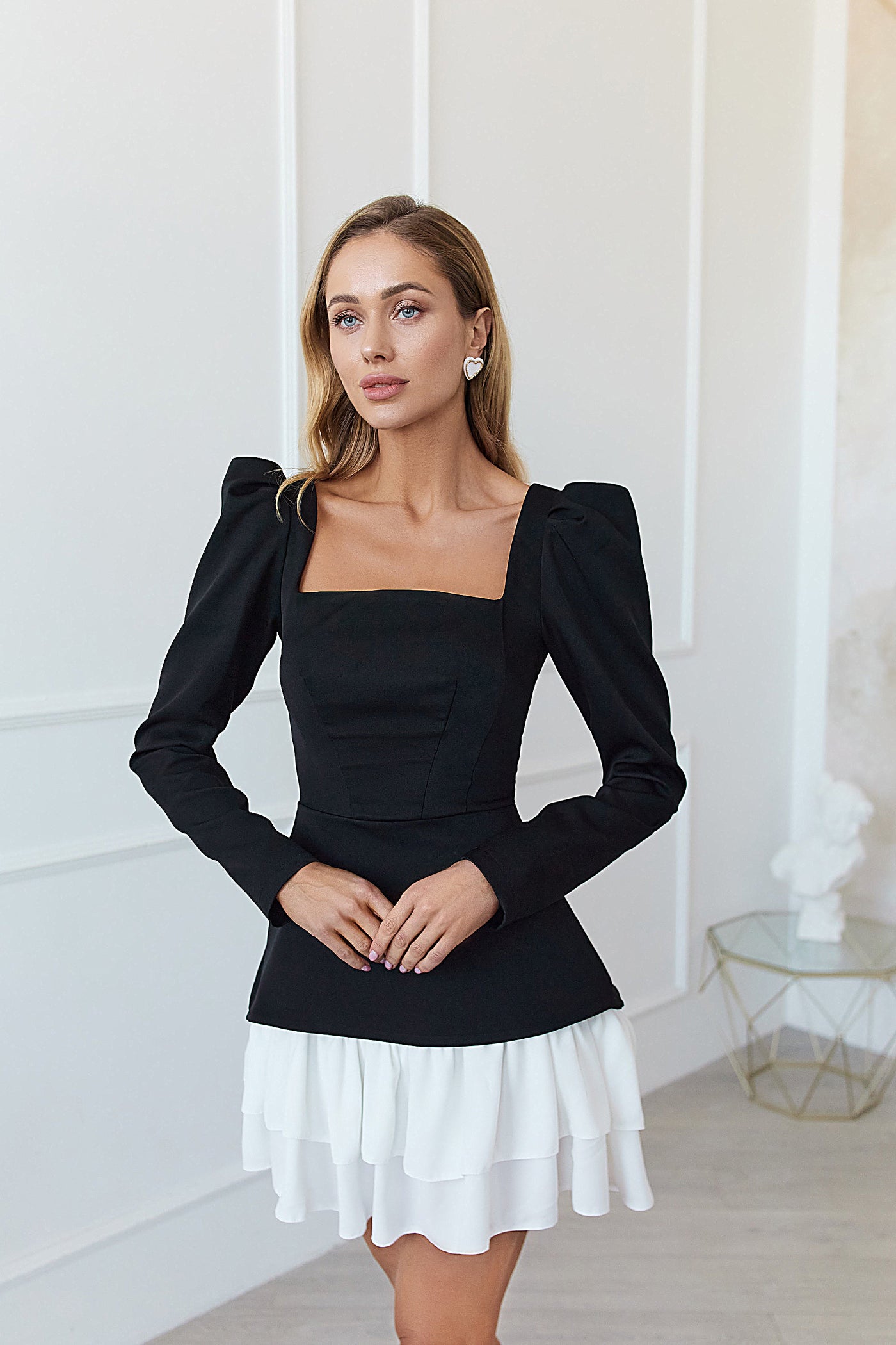 Black Square Neck Puff Sleeve Mini Dress (article C445)