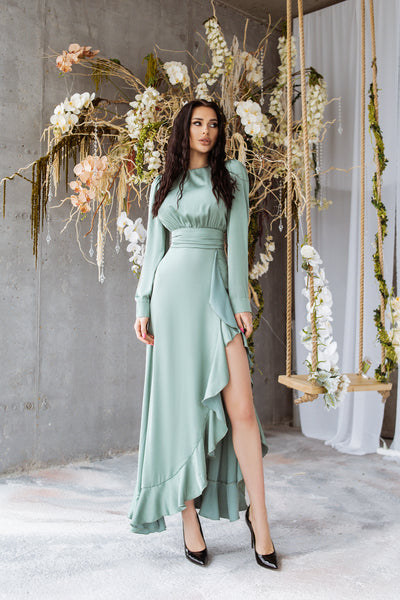 Green Thigh-Slit Maxi Dress (article C257)