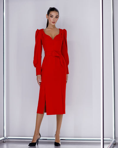 Red PUFF-SLEEVE BELTED MIDI DRESS (ARTICLE 392)