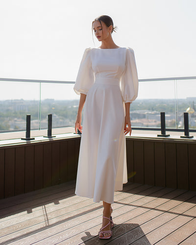 White BACKLESS PUFF-SLEEVE MIDI DRESS (ARTICLE 395)