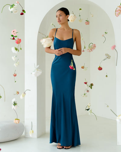 Midnight blue satin SLIP MAXI DRESS (ARTICLE 389/1)