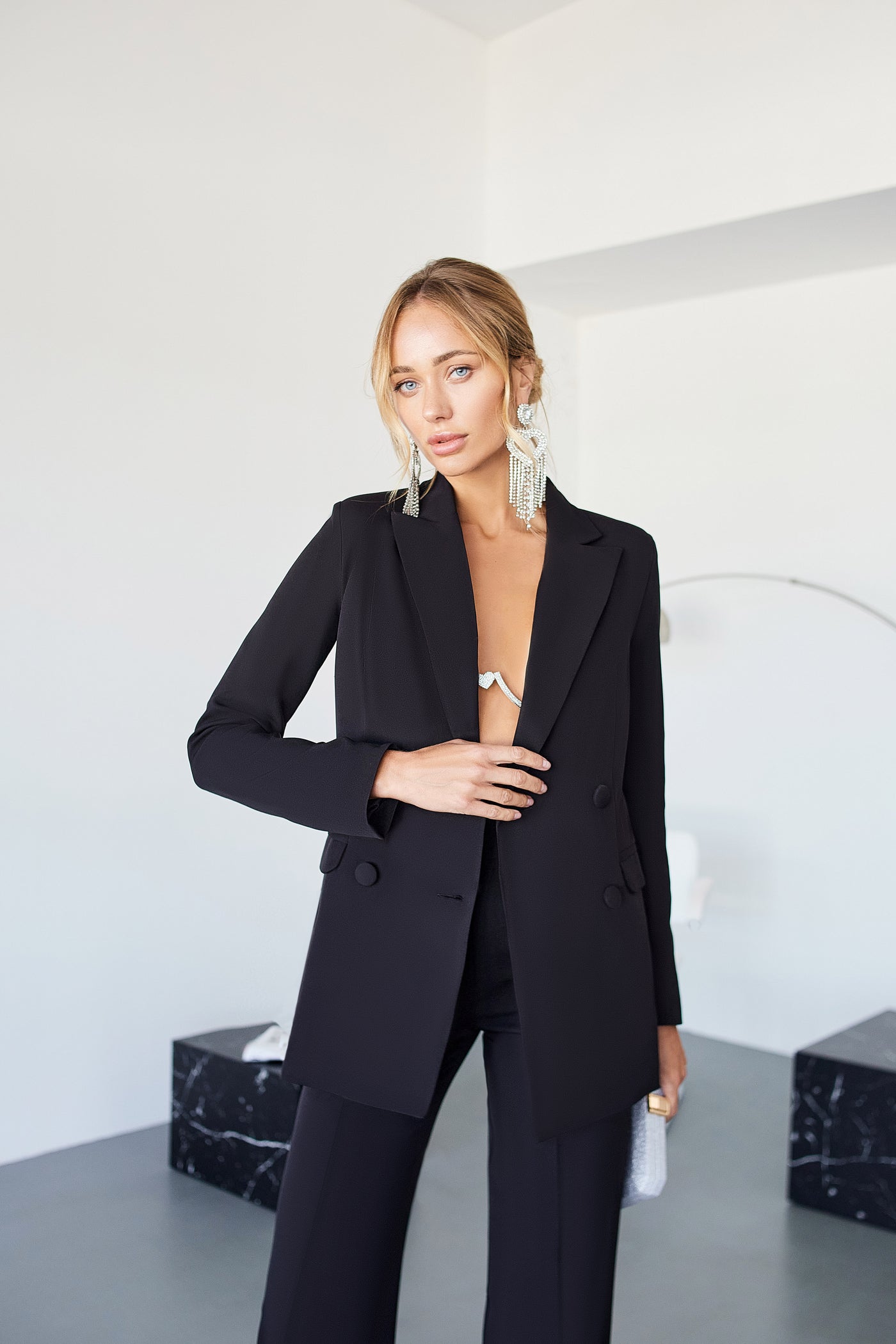 Black BELTED DOUBLE BREASTED SUIT 2-PIECE (ARTICLE C273)