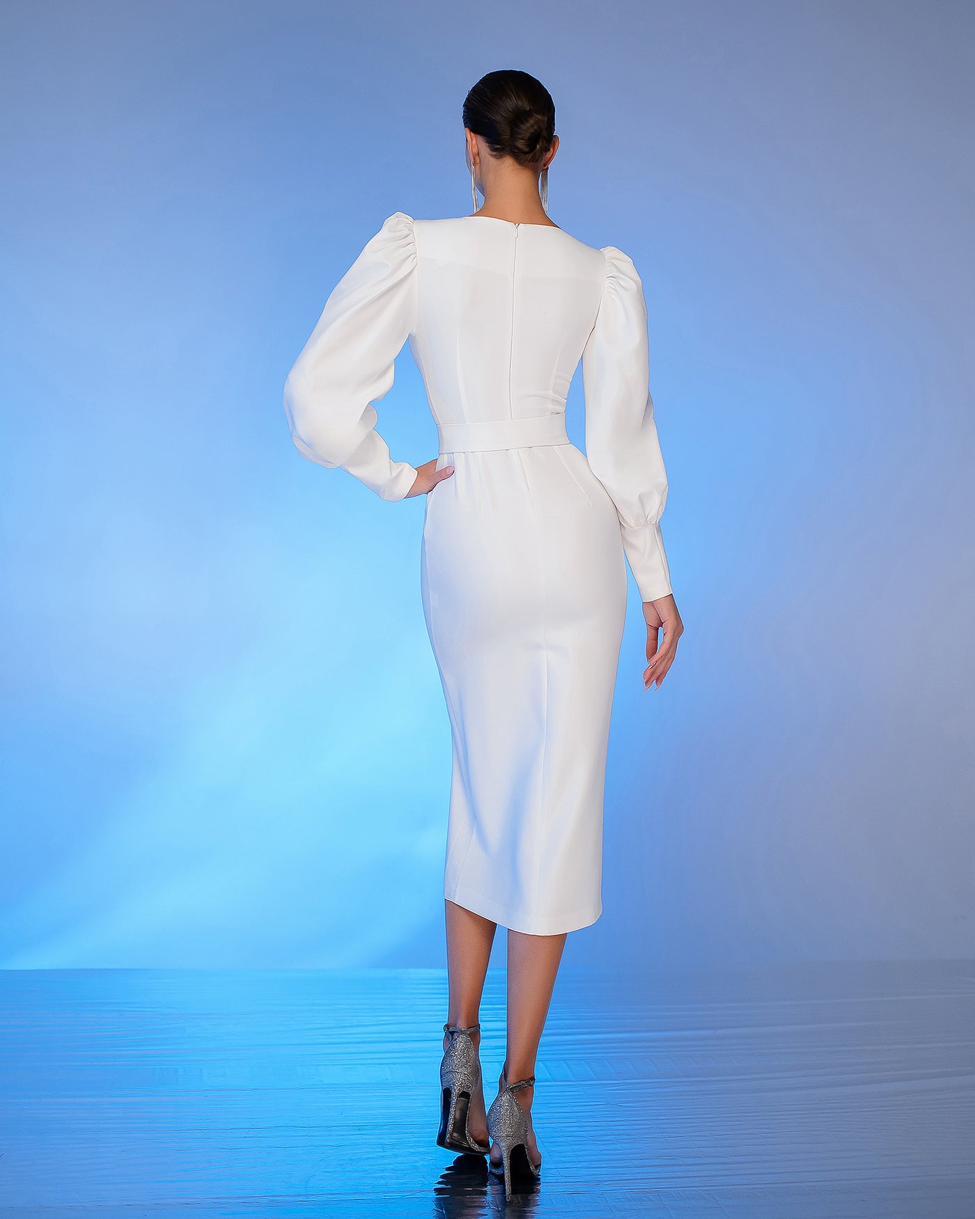 White Puff-Sleeve Belted Midi Dress (article 392)