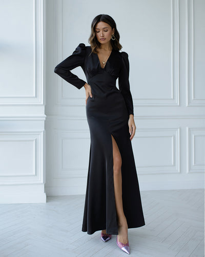 Black V-NECK PUFF SLEEVE MAXI DRESS (ARTICLE 512)