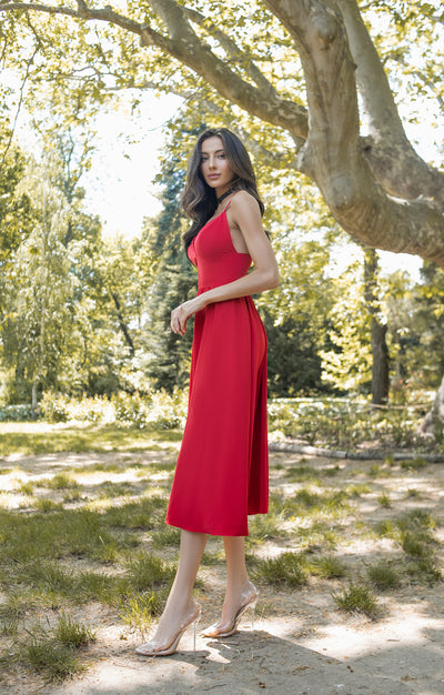 Red V-NECK SLIP MIDI DRESS (ARTICLE C284)