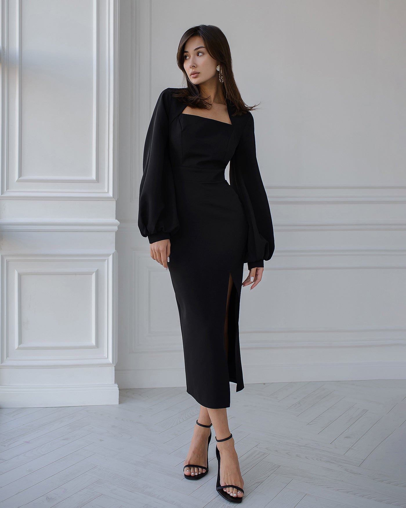 Black SQUARE NECK PUFF-SLEEVE MIDI DRESS (ARTICLE 353)