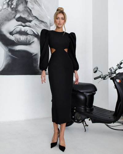 Black BACKLESS CUT-OUT PUFF-SLEEVE MIDI DRESS (ARTICLE 350)