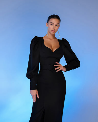 Black PUFF-SLEEVE BELTED MIDI DRESS (ARTICLE 392)