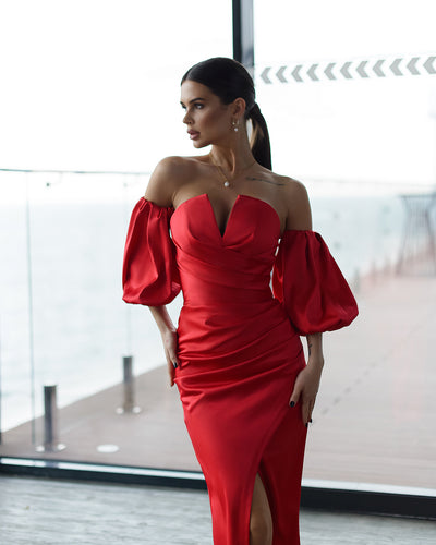 Red PUFF-SLEEVE MIDI DRESS (ARTICLE 289)