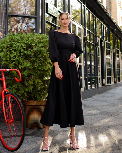 Black BACKLESS PUFF-SLEEVE MIDI DRESS (ARTICLE 395)