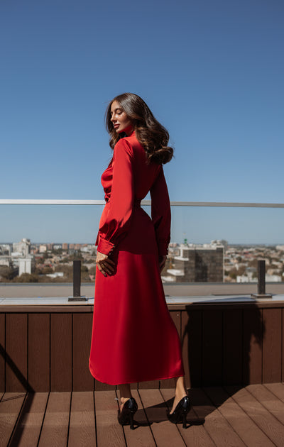 Red COLLARED WRAP MIDI DRESS (ARTICLE C405)