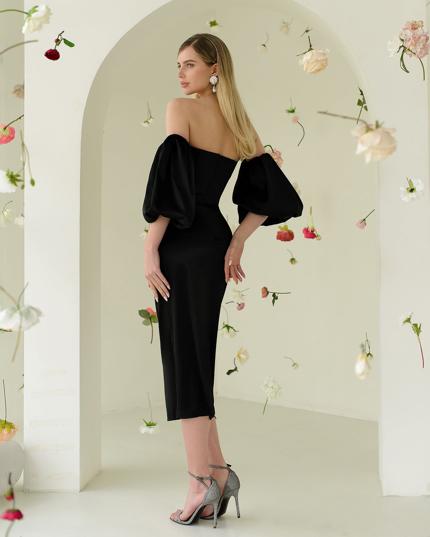 Black SATIN SWEETHEART PUFF-SLEEVE MIDI DRESS (ARTICLE 330)