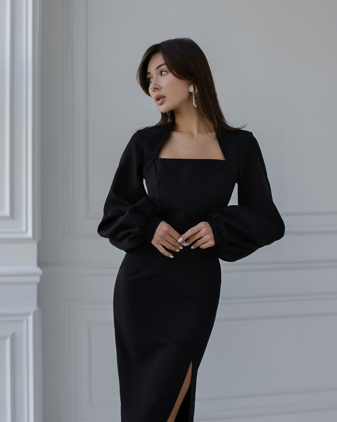 Black SQUARE NECK PUFF-SLEEVE MIDI DRESS (ARTICLE 353)