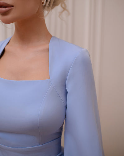 Sky-Blue Square Neck Puff-Sleeve Midi Dress (article 353)