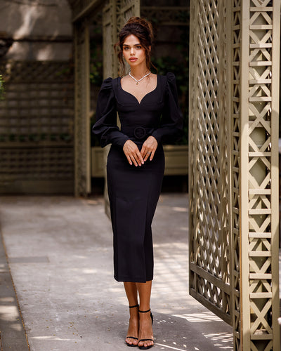 Black PUFF-SLEEVE BELTED MIDI DRESS (ARTICLE 392)