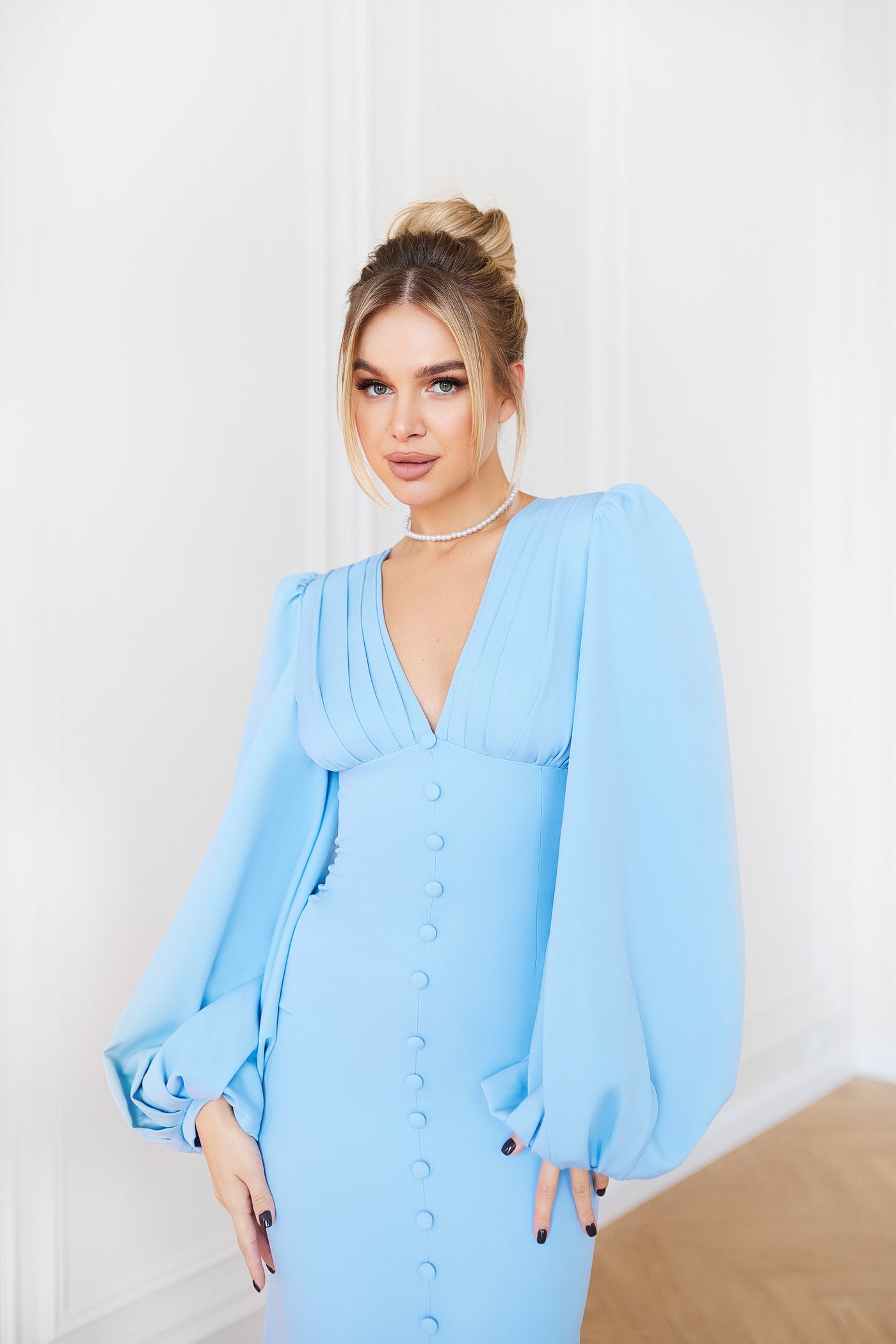 Sky-blue BACKLESS PUFF SLEEVE MIDI DRESS (ARTICLE C353)