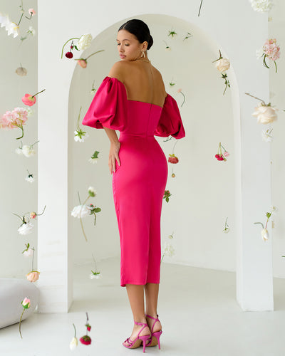 Crimson SWEETHEART PUFF-SLEEVE MIDI DRESS (ARTICLE 330)