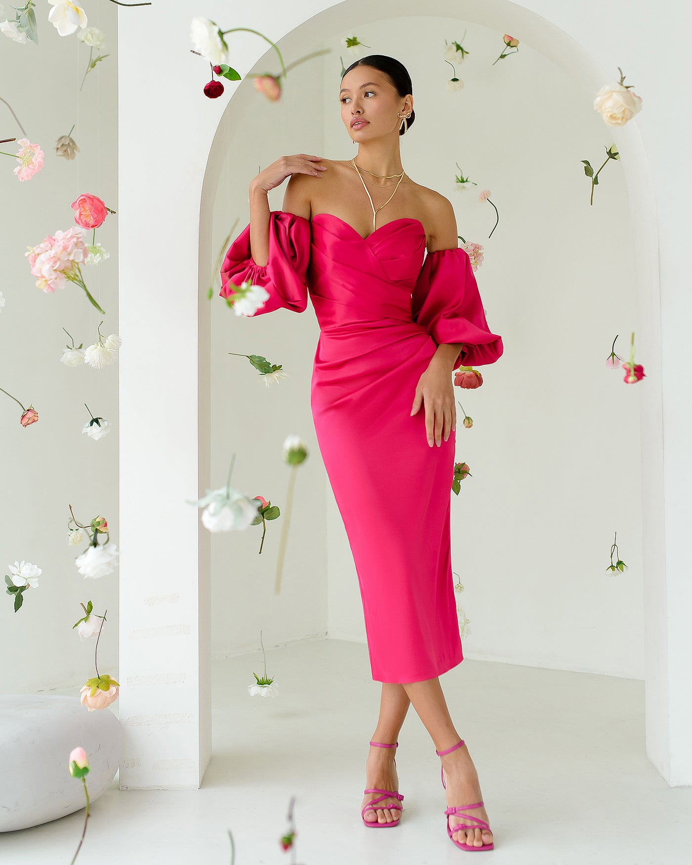 Crimson SWEETHEART PUFF-SLEEVE MIDI DRESS (ARTICLE 330)