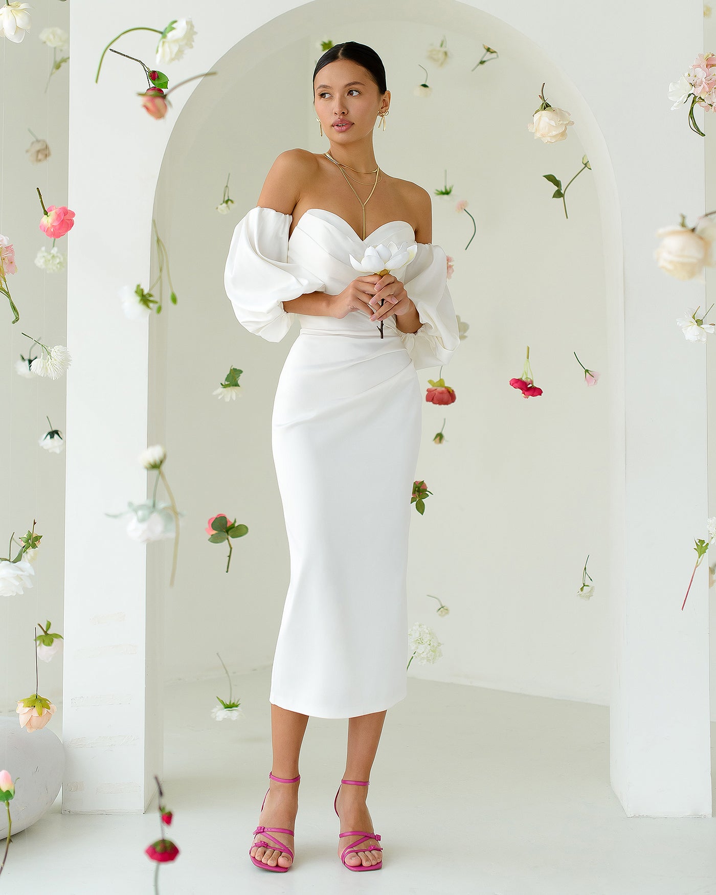 White SATIN SWEETHEART PUFF-SLEEVE MIDI DRESS (ARTICLE 330)