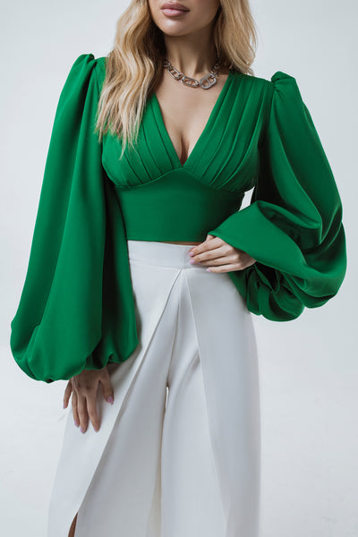 Green PUFF SLEEVE V-NECK BLOUSE (ARTICLE C342)