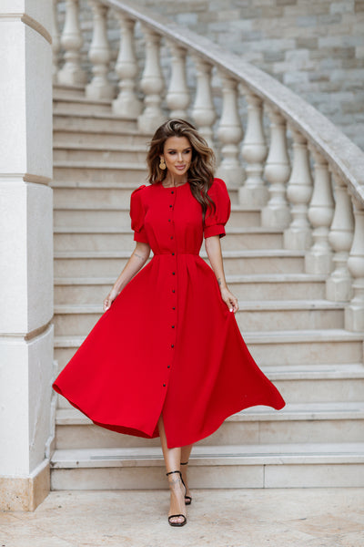 Red FITTED PUFF-SLEEVE MIDI DRESS (ARTICLE C390)