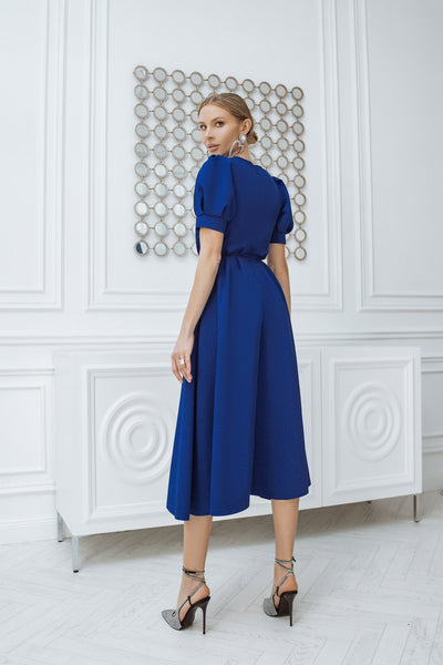 Blue FITTED PUFF-SLEEVE MIDI DRESS (ARTICLE C390)