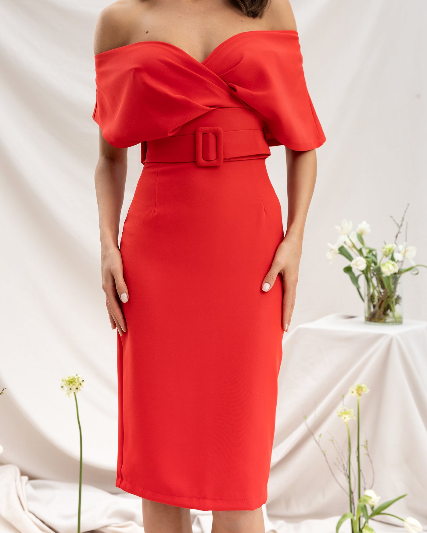 Red DOWN SLEEVES MIDI DRESS (ARTICLE C345)