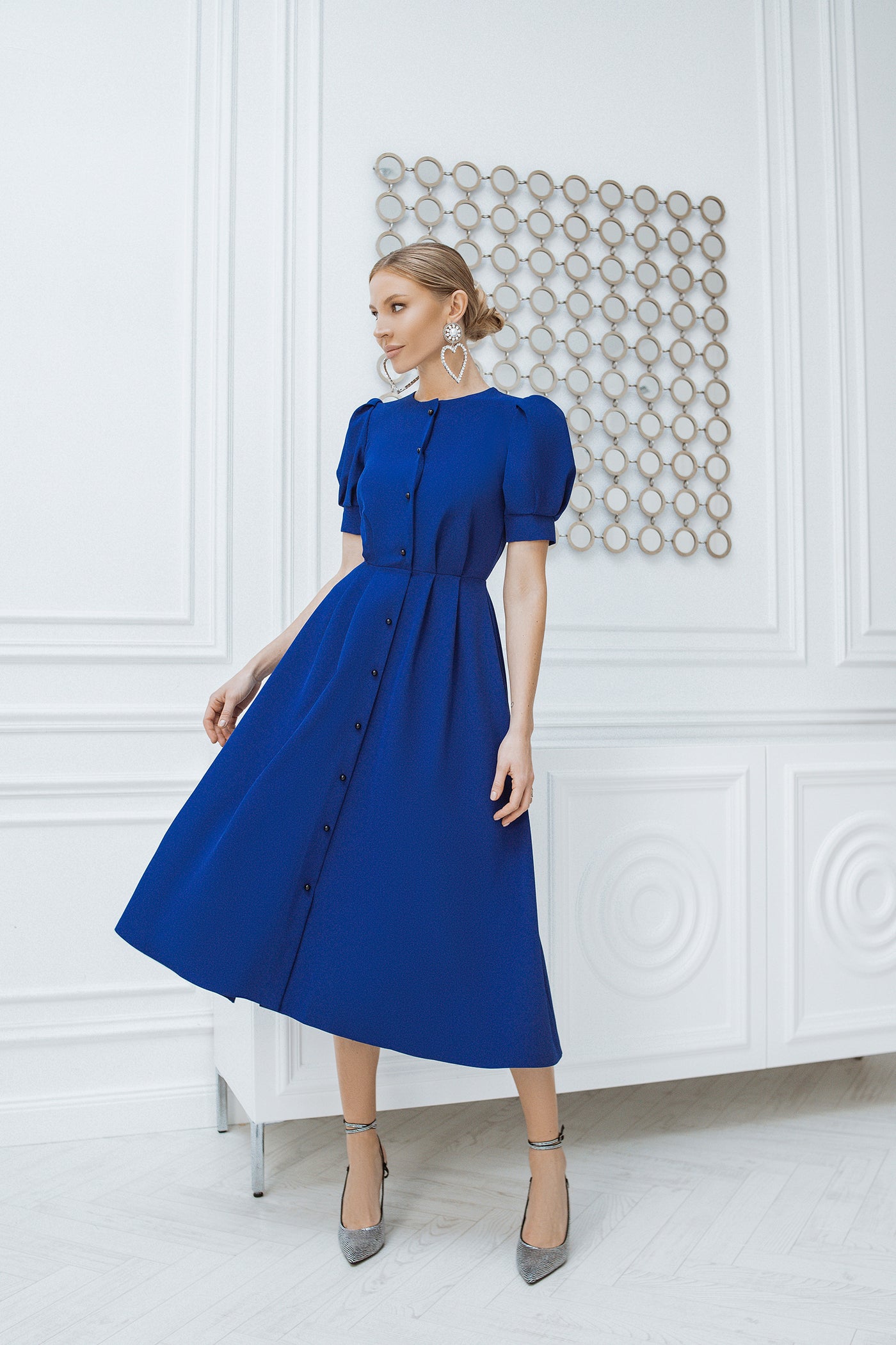 Blue FITTED PUFF-SLEEVE MIDI DRESS (ARTICLE C390)