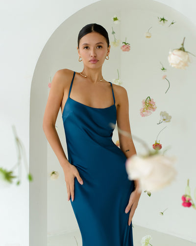 Midnight blue satin SLIP MAXI DRESS (ARTICLE 389/1)