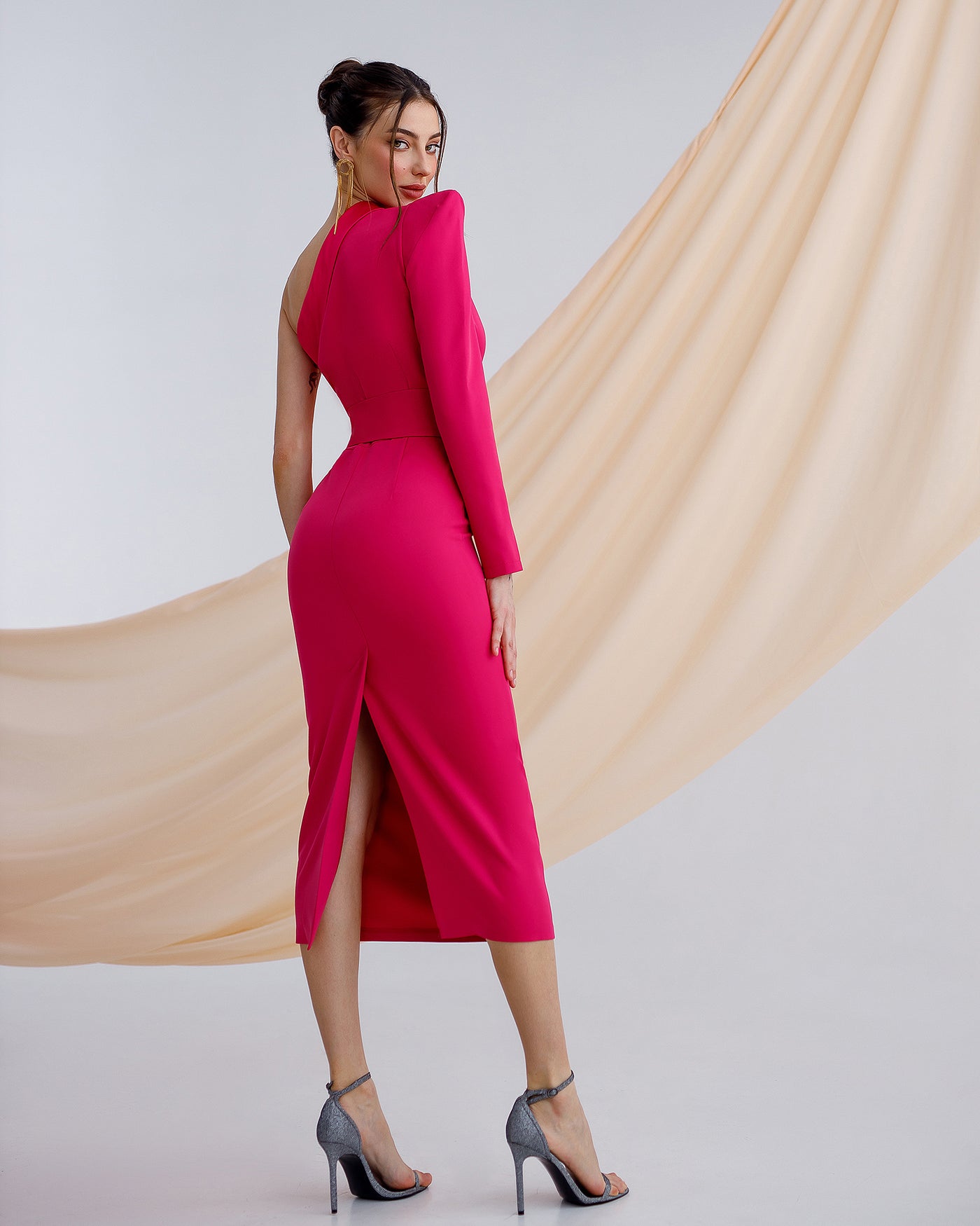 Crimson One-Shoulder Belted Midi Dress (article 343)