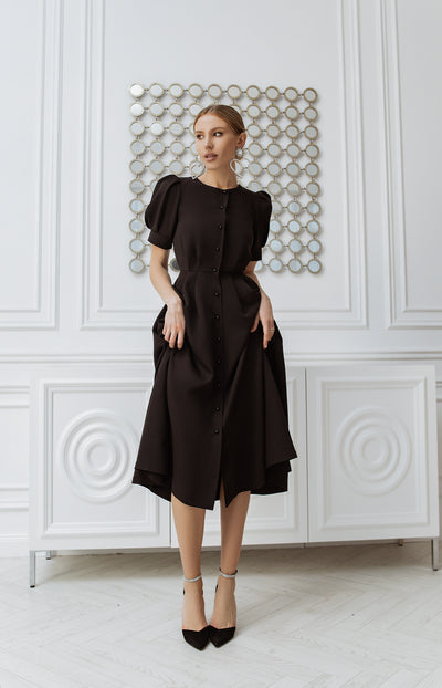 Black FITTED PUFF-SLEEVE MIDI DRESS (ARTICLE C390)