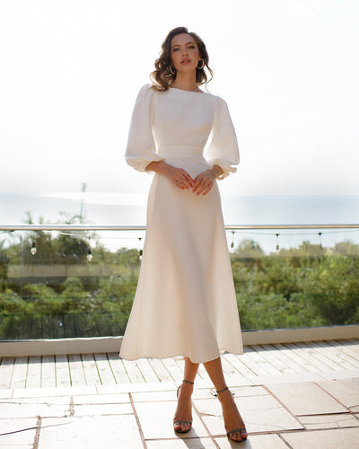 White BACKLESS PUFF-SLEEVE MIDI DRESS (ARTICLE 395)