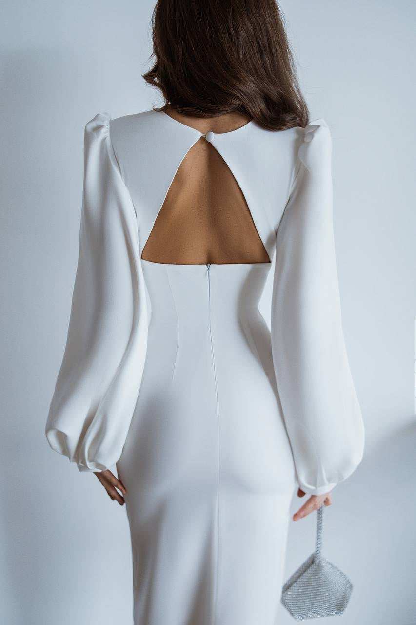 White BACKLESS PUFF SLEEVE MIDI DRESS (ARTICLE C353)