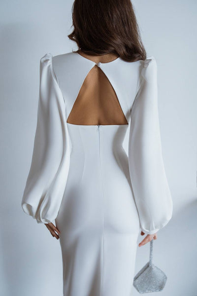 White BACKLESS PUFF SLEEVE MIDI DRESS (ARTICLE C353)