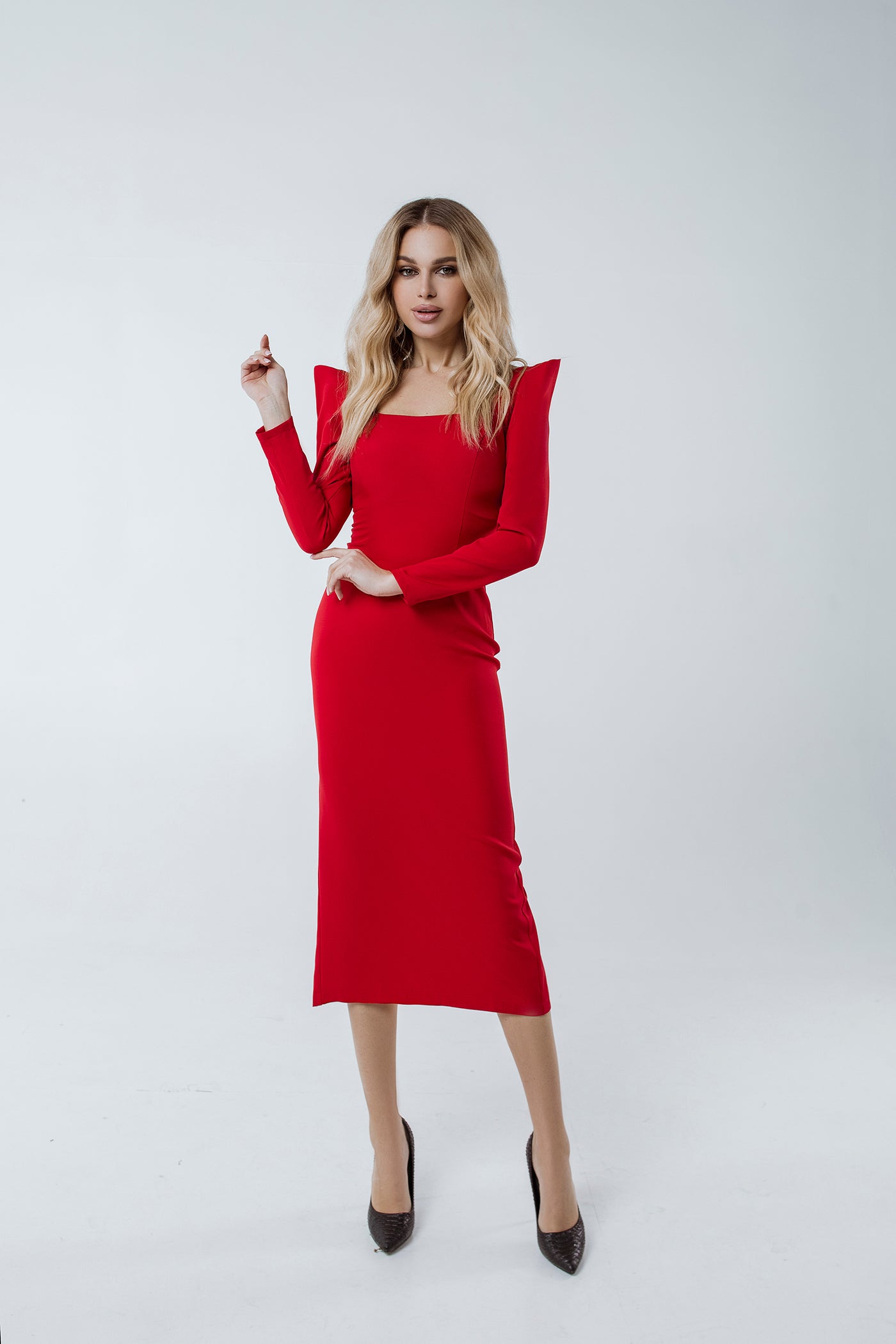 Red Square Neckline Midi Dress (article C362)