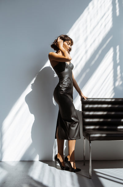 Black VEGAN LEATHER SWEETHEART MIDI DRESS (ARTICLE C428)